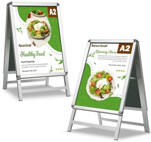 Newzealkids A2 Cartel publicitario para acera Soporte para carteles de doble cara Cartel publicitario de aluminio para acera con marco a presión para publicidad exterior, plata