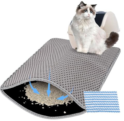 Grau Faltbare Katzenstreu-Matte, 60 x 45 cm Waben Design Katzenmatte, Groß Katzenstreu Matte Doppelte Wasserdichte & Rutschfeste, EVA Katzenklo Matte mit Reinigungstuch für Spritzwasserschutz