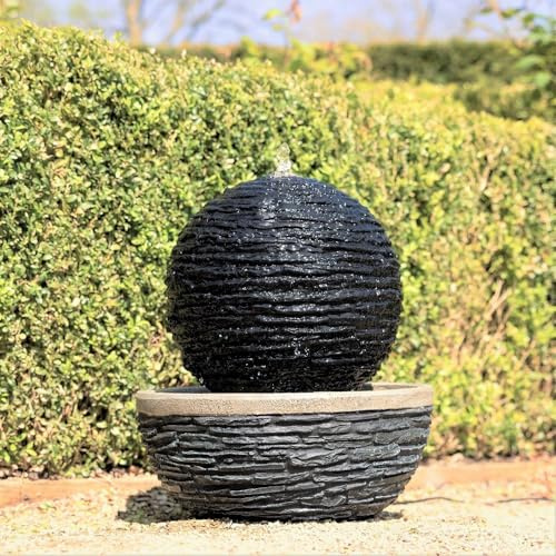 Primrose H42cm Marvao Slate Effect Sphere Water Feature With Lights Outdoor Garden Fountain
