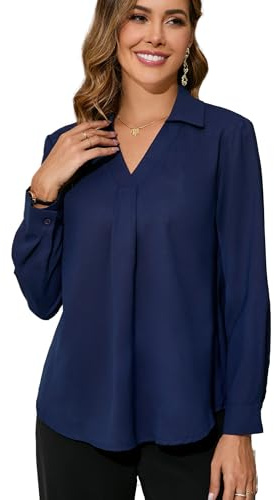 Dosieyeo Damblus, elegant V-ringad tunika med krage, långärmad flödande slip-blus, ledig, lättskött, skjortblus, Marinblå, XXL