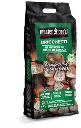 MasterCook - Bricchetti Barbecue In Guscio Di Noce Di Cocco Naturali, Carbone Di Cocco Ecologico Con Lunga Durata Fino A 3 Ore, Carbonella Per Barbecue In Sacco Antistrappo Con Maniglia (4 Kg)