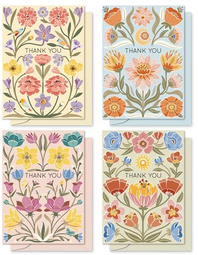 S&O Dust & Bloom Thank You Cards with Envelopes - Blank Greeting Card for Handwritten Messages - 4x5.5 Thank You Notes Set of 24 - Assorted Thank You Cards with Color Envelopes to Mix & Match