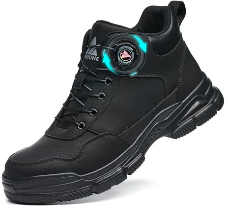 Säkerhetsstövlar för män kvinnor vattentäta lätta arbetsstövlar halkfria säkerhetsskor med stålhätta sneakers arbete vridspänne, svart, 46 EU
