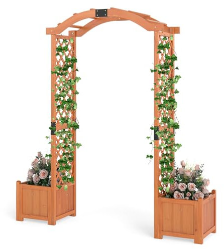 HOMASIS Arco per Rampicanti in Legno, Arco da Giardino con 2 Vasi, Pergolato da Giardino per Verdure, Decorazione per Patio, Cortile (Arancione, 185 x 45 x 201 cm)