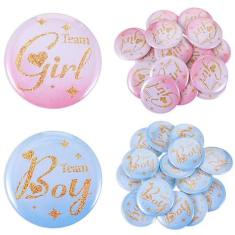 Ouligay Lot de 30 badges révélateurs de sexe - 4,5 cm - Pour révélation de genre et de révélation de genre - Pinback - Pour fête prénatale, décoration de fête prénatale - Bleu et rose