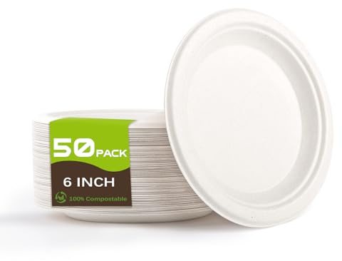 Yidaxing Piatti di Carta 50Pcs, Piatti Rotondi Piani Super Rigidi Usa e Getta Biodegradabile e Compostabile, Piatto Stoviglie di Carta per Compleanno Feste Campeggio Barbecue Picnic(Bianco, 15.2 cm)