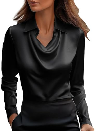Camicetta Donna Elegante Tinta Unita Basic Maniche Lunghe di Raso Moda Maglia Scollo a V T Shirt a Colore Solido Comodo Top in Satin Oversize Camicie Primavera Autunno Maglietta da Lavoro