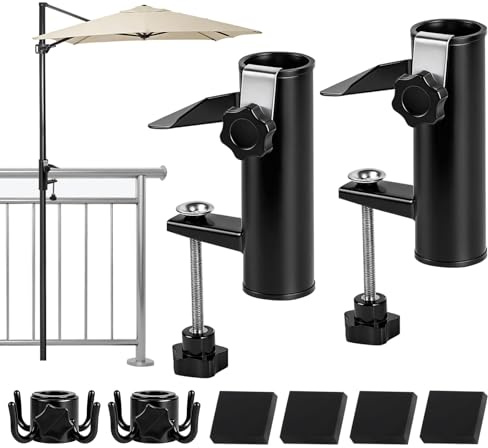 DBREAKS Set med 2 paraplyhållare för balkong Ø 20–38 mm | Justerbart paraplystativ, parasollhållare för balkong med klämma fast och gummiblock, för trädgård, terrass