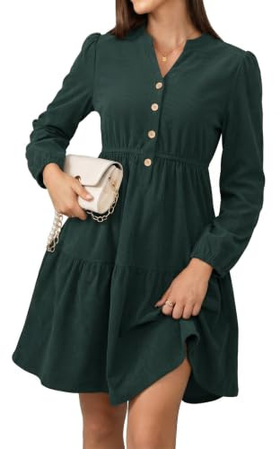 Fashora Robe Manche Longue Femme Robe Col V Chic et Elegant | Robe Velours Côtelé Femme, A-Line Casual Robe, Robes Taille Haute Élastiquée, Midi Dress, Robe Bohem, Automne, Hiver