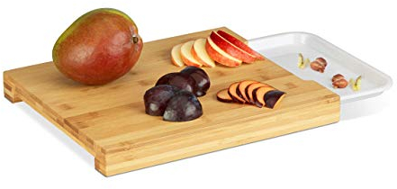 Relaxdays Tabla de Cortar Cocina, Bandeja Extraíble para Picar, Desayuno, Servir, Bambú, 3 x 30 x 25 cm, Marrón y Blanco