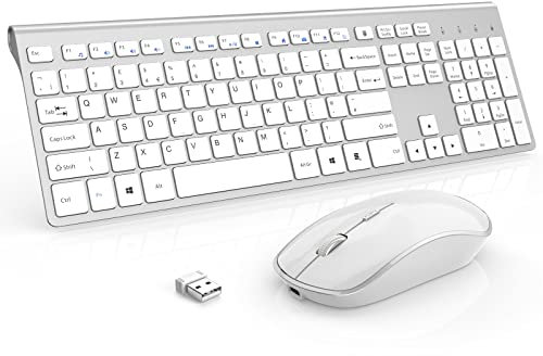Rechargeable Wireless Keyboard Mouse Combo-J JOYACCESS 2.4G Full Size Slim Wireless Keyboard Mouse with Silent and Ergonomic Design for Mac,iMac,PC,Laptop,Tablet,Computer Windows- White+Silver