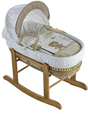 ELEGANT BABY Beary Nice Cream Palm Moses Basket with Deluxe Natural Rocking Stand, Adjustable Hood, Fibre Mattress & Padded Liner