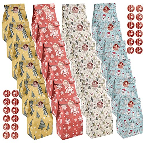 24 Pièces Kraft Sacs en Papier Motif de Noël - Brun Recyclé pour Nourriture, Collation, Déjeuner, Cadeaux et Fête - Sacs-Cadeaux pour Épicerie et Noel