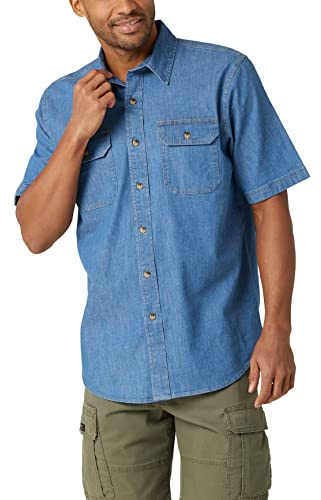 Wrangler Authentics Men's Short Sleeve Classic Woven Shirt Button, Mid Wash, Large
