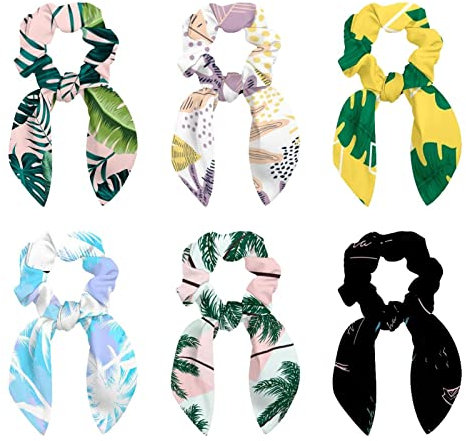 6 Pcs Hair Scrunchies - Palm Leaves Pattern Hair Scarf Scrunchy with Ribbon Bow, Elastic Hair Ties Ponytail Holders for Women Teenage Girls