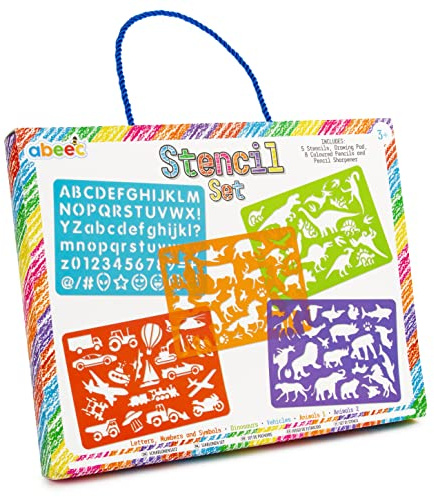 Abeec Reusable Stencil Set: Alphabet, Animals, Dinosaurs, and Vehicle Designs
