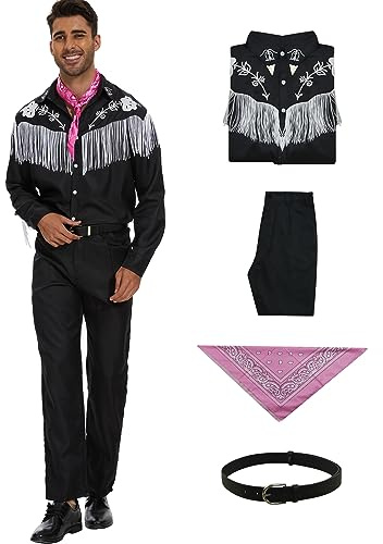 AYYOHON Costume da cowboy da uomo, per cosplay e film, nero, con nappe, camicia, pantaloni, cravatta, per Halloween, taglia L
