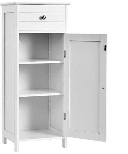 LIFEZEAL Mobiletto Bagno Salvaspazio, Mobiletto Multiuso in Legno 35,5 x 30,5 x 88cm, Mobile Bagno con Cassetto e 1 Porta, Armadietto da Terra con Ripiani Regolabile per Cucina e Soggiorno, Bianco