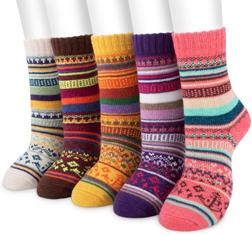 Women Winter Socks, SMALUCK 5 Pairs Thermal Wool Warm Knitting Ladies Socks Vintage Style Cotton Thick Bed Sock Multicoloured for Home Office School, 4/8 UK
