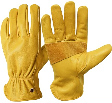 NBLEAGLO Arbeitshandschuhe aus Rindsleder für Bau, Hof, Gartenarbeit, mit verstärkter Handfläche, für Damen und Herren, Gelb, Größe L