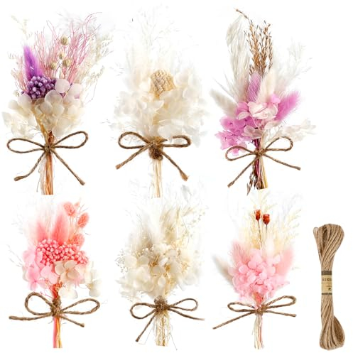 Trockenblumenstrauß Klein 6 Bündel Mini Getrocknete Blumen zum Basteln, Natürliche Klein Trockenblumen für Bilderrahmen DIY Basteln Handwerk Geschenk Deko(Rosa + Beige + Lila)
