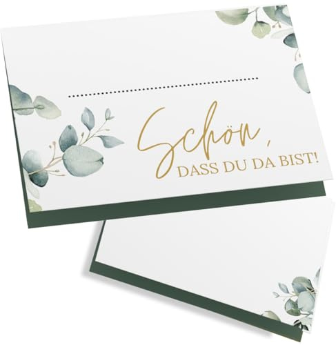 ZETTMANN® 50er Premium Tischkarten Hochzeit Schön dass du da bist 85x55mm I Tischkarten Geburtstag I Platzkarten I sehr gut beschreibbar (eukalyptus - klassisch)