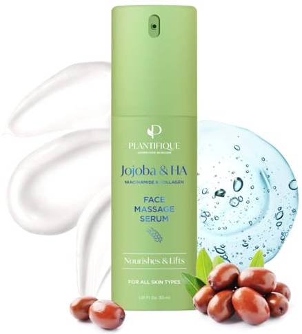 PLANTIFIQUE Siero Viso Jojoba Massage Bio Oil Acido Ialuronico, Niacinamide e Collagene | Prodotti Skincare Idratante Antirughe i Antimacchie Contorno Occhi | Olio Puro Massaggiatore per Gua Sha 30 ml