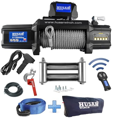 Husar Winch Verricello Elettrico 12V, 12000 lbs | 5443 kg - Cavo in Acciaio da 25 m, Controllo Wireless, Ingranaggio Planetario a 3 Stadi - Ideale per Fuoristrada e Veicoli 4x4 OFF ROAD