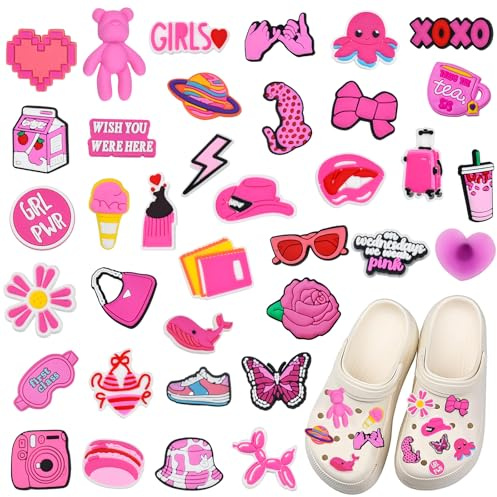 KLYNGTSK 36 st rosa skoberlocker för Clog Bling, söta träpinnar, armbandsberlocker, armbandstillbehör, skodekoration för Crocs, flickor, kvinnor, barngåva, festgåvor, Polyvinylklorid