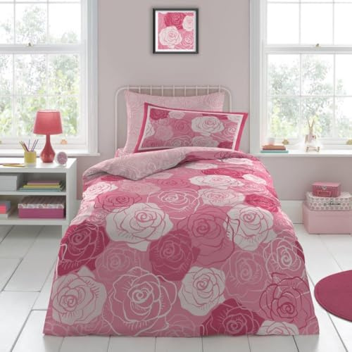 Lions Girls Reversible Duvet Cover Set - Pink Roses Floral Quilt Cover with Pillowcase, 2-Piece Poly-Cotton Bedding Sets, Easy Care, Single Bed, 137 x 200 cm
