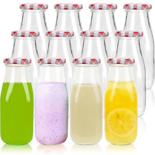 Lot de 12 bouteilles de lait avec couvercles vichy en verre transparent de 325 ml (plaque métallique), bocaux de 330 ml pour jus, eau, miel et stockage