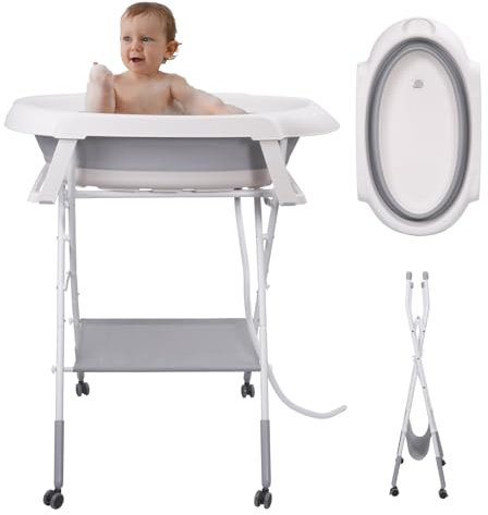 Sinbide.Babybadewanne mit 100cm hohem Standfuß Klappbar Geeignet für Babys von 0-36 Monaten und Babys oder Haustiere bis 30kg Gewicht Mit Rädern und Abtropffläche und einem Paar Handschuhe