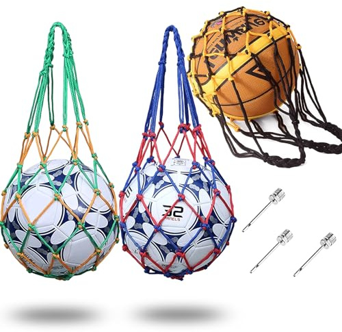 YIFLorine TANG Ballnät väska, 3 stycken basketnät, nylonbollnät, bärbart bollnät, sport med 3 nålbollpumpar, fotboll nätficka bollnät för fotboll, volleyboll och basket