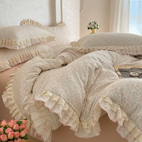 GETIYA Mädchen Damen Bettwäsche 200x200 Baumwollgarn Bettwäsche mit Rüschen Bettbezug Blumen Muster Baumwolle Doppelgarn Deckenbezug Blümchen mit Reißverschluss und 2 Kissenbezug 80x80