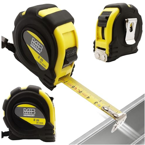 MIB Taschenrollbandmaß 8 m | Maßband mit magnetischem Endhaken & Gürtelclip | Rollmaßband mit Feststeller & Rücklauf | Robustes Bandmaß mit 2-seitiger Skala | 16 mm Bandbreite | Für Heim & Handwerk