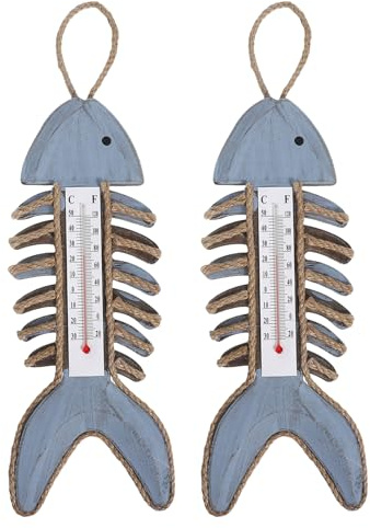 POPETPOP Termómetro Náutico de Pared Vintage de Madera, Pack de 2 | Decoración Costera Antigua Forma de Espina de Pescado, Instalación Fácil, Lectura Precisa, para Pasillo Hotel y Casa de Lago