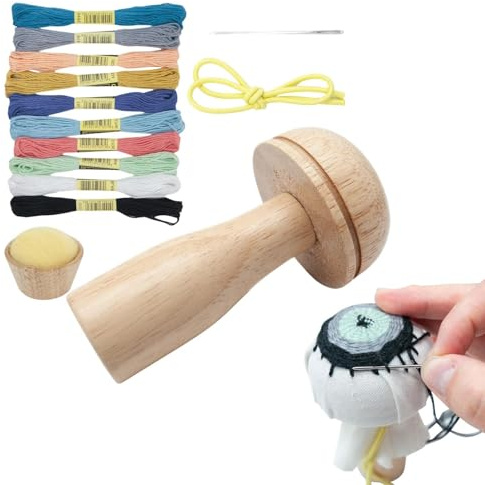 Kit da rammendo in legno a forma di fungo, strumento di riparazione per cucito con 10 fili, ago, corda elastica e puntaspilli, per rammendare calzini, maglioni, pantaloni, cappelli, sciarpe (tipo B)