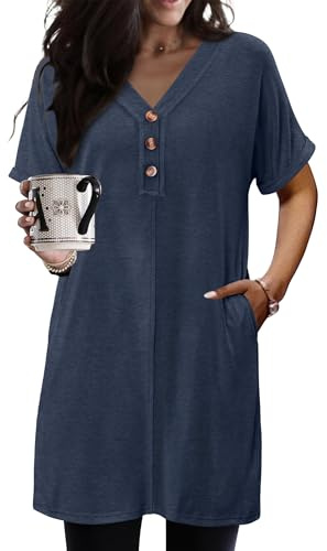 KISSMODA Womens V Neck Tunic Tops Short Sleeve Buttons Long Shirts Summer Casual Solid Color Tops
