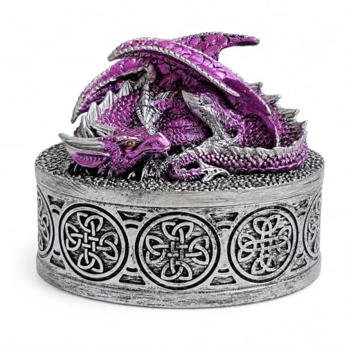 Purple Dragon Jewellery Box, Resin Celtic Trinket Storage & Fantasy Décor | Hand-finished resin dragon box with Celtic detail, removable lid and smooth painted interior for jewellery and keepsakes.