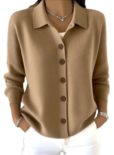 Maglione cardigan in misto lana per le donne maglione con colletto con bottoni in cashmere leggero e alla moda a maniche lunghe top in maglia, cachi, XXL