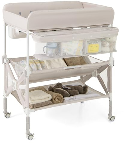 GOPLUS Table a Langer Bebe Pliante, Commode à Langer Bebe sur Roulettes avec Hauteur Réglable, Housse Imperméable, Étagères & Poubelle, pour Nouveau-nés & Nourrissons (Naturel)