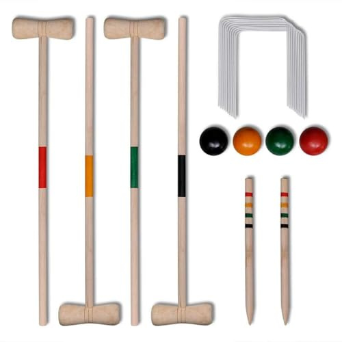 Ziaphsol Krocketset trä för 4 spelare, massiv furu, 78 cm klubba, 4 bollar, 10 mål, trädgårdsspel för gräsmatta, äng, park, strand, camping, familj, barn och vuxna