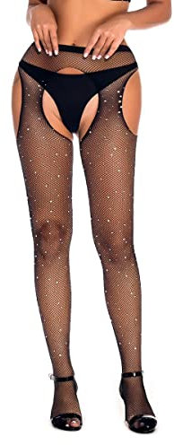 VOMONO Women Side Thigh Open Sexy Rhinestone Fishnet Pantyhose Female Prom Dance Fishnet Body Stockings Bling Tights Slim Pantyhose