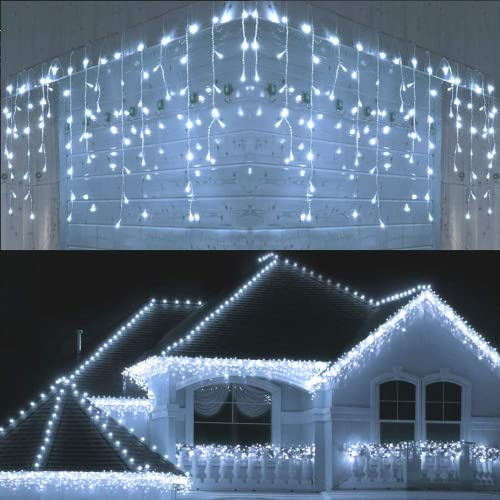 BrizLabs Christmas Icicle Lights, 63.15ft 480 LED Outdoor Curtain String Lights White 8 Modes Waterproof Indoor Window String Lights mit Memory for Xmas Wedding Party Garden Balcony Roof Decorations