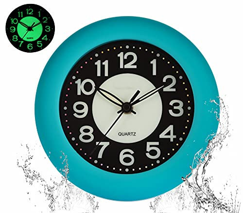 LXSZRPH Shower Clock Luminous Bathroom Wall Clock, Waterproof for Water Spray, Battery Powered, Non Ticking Silent Analog Clocks for Indoor Outdoor Gardens (Blue)