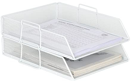 EasyPAG 2 Niveles Metal Malla A4 Bandejas Oficina Apilables Soporte Documentos Almacenamiento Revistas Organizador Escritorio Clasificador Carta Estante Papel,Blanco
