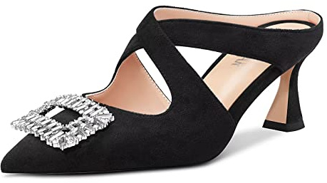 HEUIVZAR Donna Medio Chunky Blocco Tacco Heel a Punta Slingback Sandali Diamante Cristallo Feste Dress 6.5 CM Heels Nero Scamosciato 39 EU