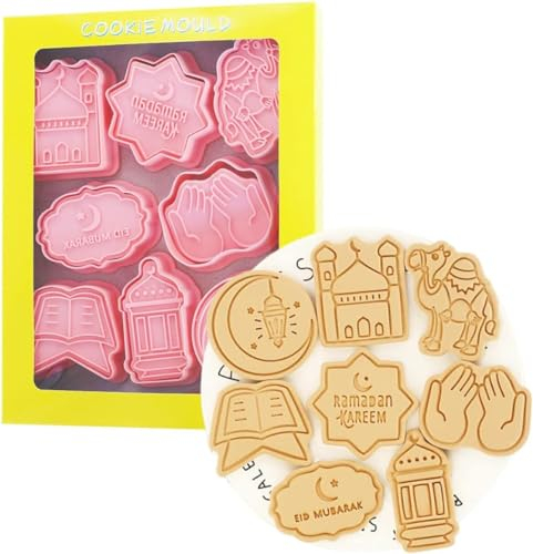 8 Stück Eid Mubarak Ausstechformen, Ramadan Plätzchenausstecher für Kinder,Keksstempel Eid Keksausstecher Set, 3D Eid Element Keksstempel, Eid Al Fitr-Formen für Kuchen, Fondant, Käse, Backformen
