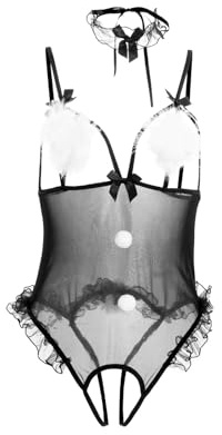 Générique Ensemble Lingerie Sexy Femme Coquine Hot Body Sexy Femme érotique Ouvert Entrejambe Sein Nu Plume Bodysuit Femme Dos Nu Dentelle + Bas Resille + Choker Noeud + Serre Tete (Black, One Size)