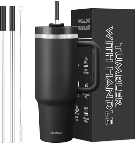 BesWin 40 oz Tumbler with Handle and Straw, Vacuum Insulated Stainless Steel Double Wall Water Bottle Travel Coffee Mug - Holiday Gifts for Women Men - Black